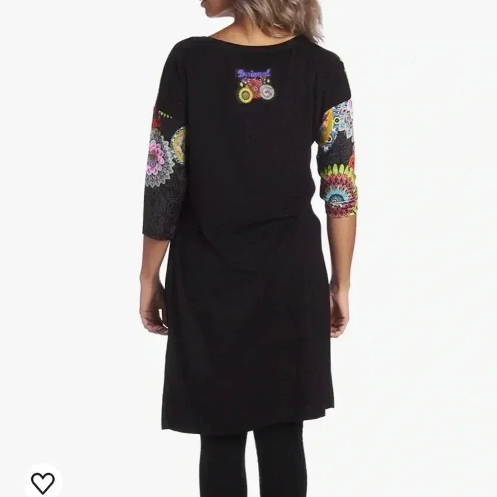 Desigual Longline Tunic Top S Black Rainbow Geometric Flowers Boho Lagenlook - Picture 2 of 11